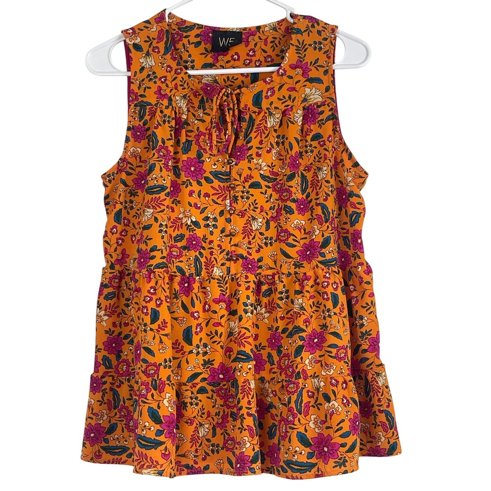 00720 W5 Orange Floral Tiered Tie Neck Sleeveless Top Size S‎